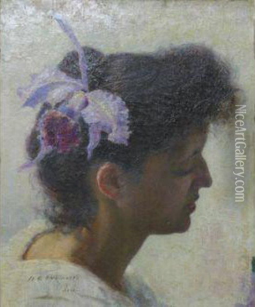 Girl With A Purple Flower Oil Painting - David O. Widhopff
