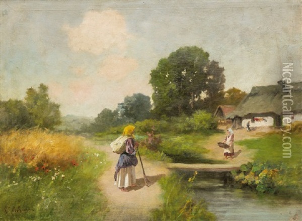 Sommerliche Landschaft Mit Bauerin Vor Ukrainischem Dorf Oil Painting - Petr Alekseevich Levchenko