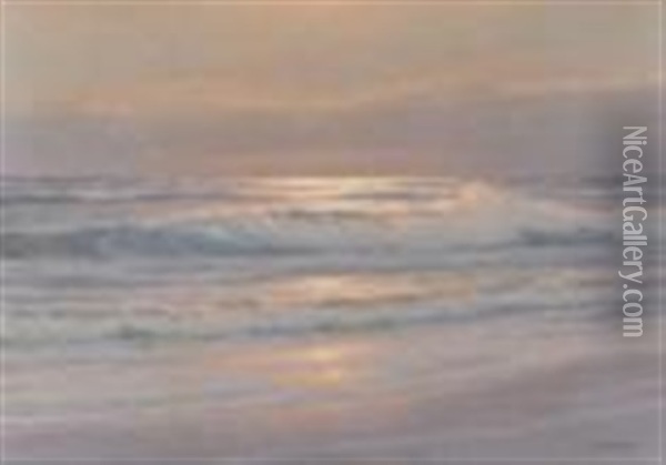 Waves Breaking On A Beach At Sunrise, Sea Birds Nearby Oil Painting - Carl Kenzler