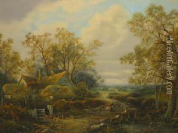 Rural Scenes With Cottages And Figures Oil Painting - Octavius Thomas Clark