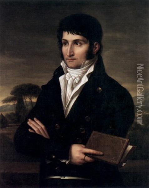 A Portrait Of A Gentleman Wearing A Jacket With Gold Buttons, A White Cravat And Holding A Book (lucien Bonaparte?) Oil Painting - Francois-Xavier Fabre