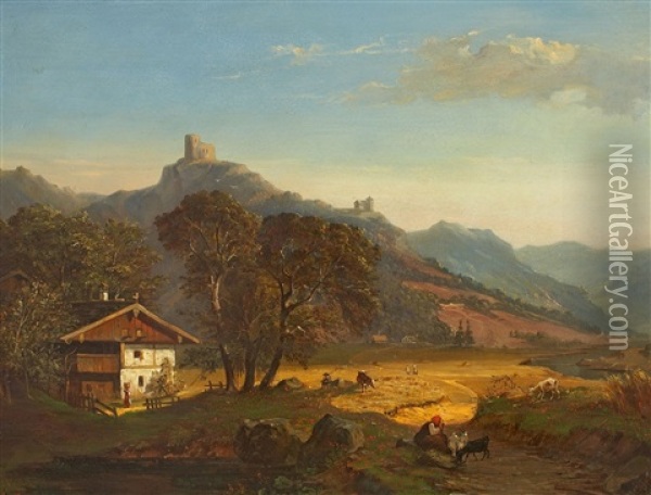 Mountain Landscape With A Farm House And The Ruins Of A Castle Oil Painting - August Fink