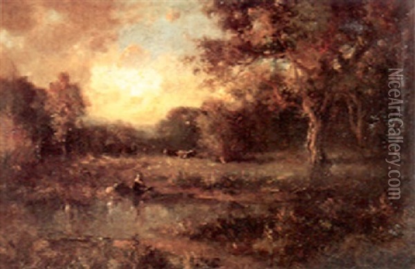 Landscape At Sunset With Figures Oil Painting - William Keith