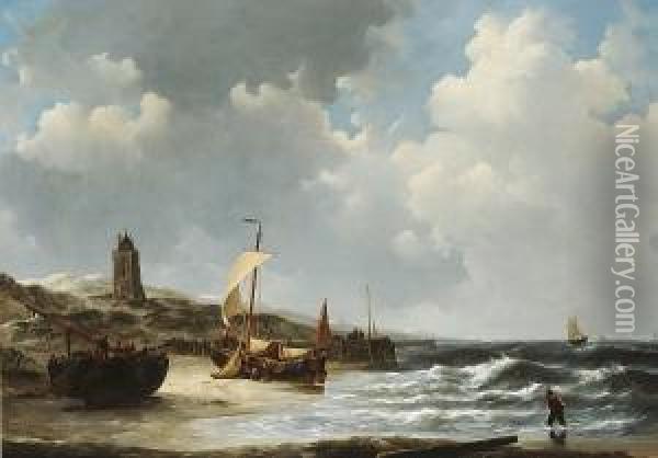 Fishing Boats On The Beach Near Egmond At Low Tide Oil Painting - Johannes Christian Schotel