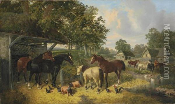 Horses, Pigs And Chickens In A Farmyard Oil Painting - John Frederick Herring Snr