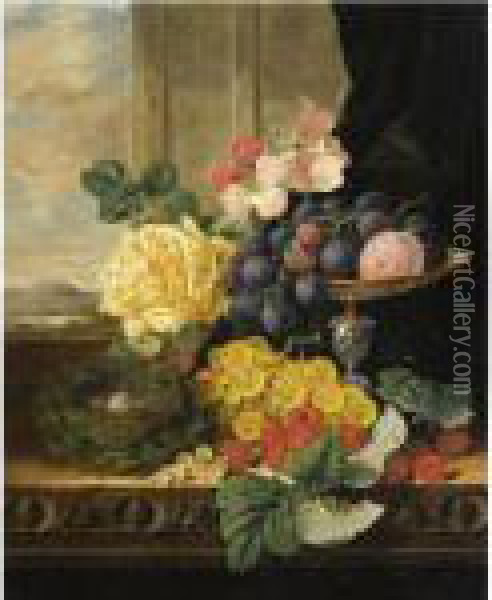 Black And Golden Hambro Grapes, 
Gloire Di Dijon Rose, Geranium,tazza, Linnet's Nest And Raspberries Oil Painting - Edward Ladell