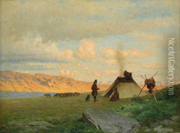 Landskap Med Samer Vid Katan Oil Painting - Per Daniel Holm