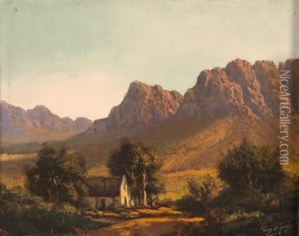 Mountainous Landscape With Farmhouse Oil Painting - Tinus de Jongh