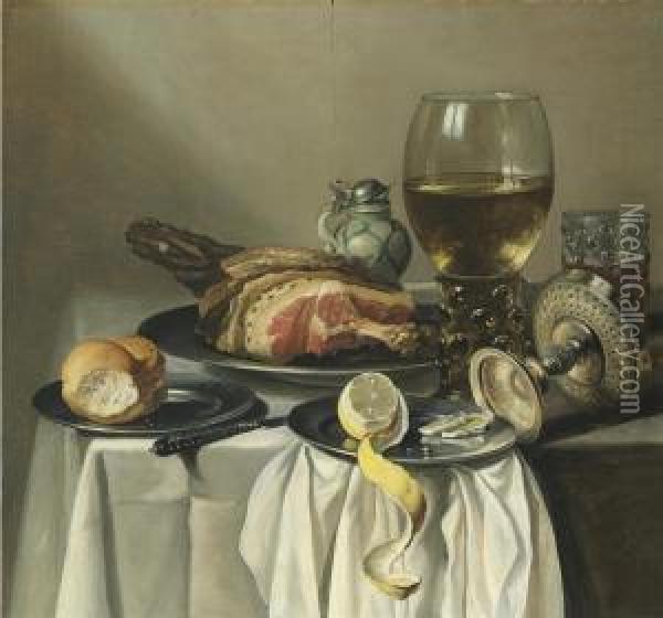Still Life With Ham, Lemon, A Roll, A Glass Of Wine, And Others Ona Table Oil Painting - Pieter Claesz.