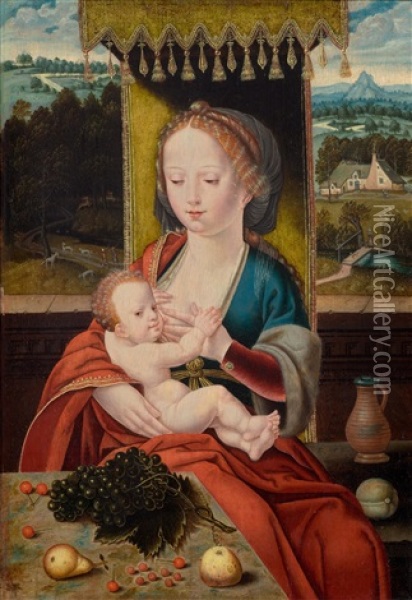Madonna And Child Under A Canopy Before A Landscape (maria Lactans) Oil Painting - Joos Van Cleve