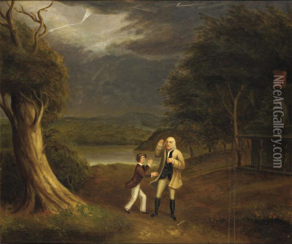 Benjamin Franklin And Boy Flying A Kite In A Landscape Oil Painting - John Samuel Blunt