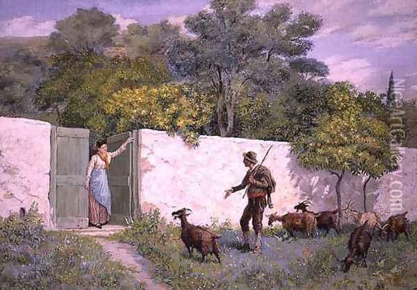 Scene at Mentone: 'The Goatherd' Oil Painting - Randolph Caldecott
