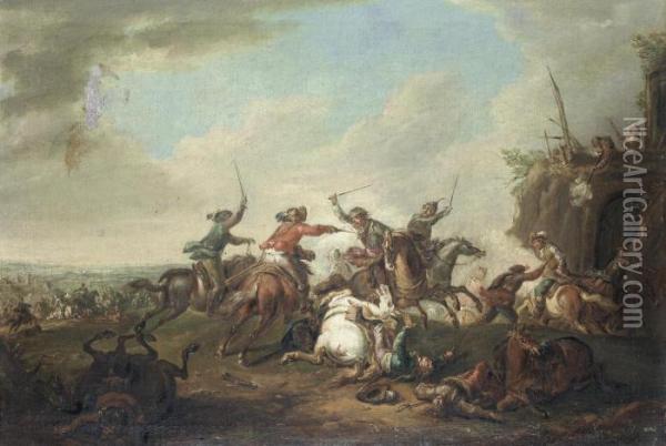 Two Cavalry Skirmishes Oil Painting - August Querfurt