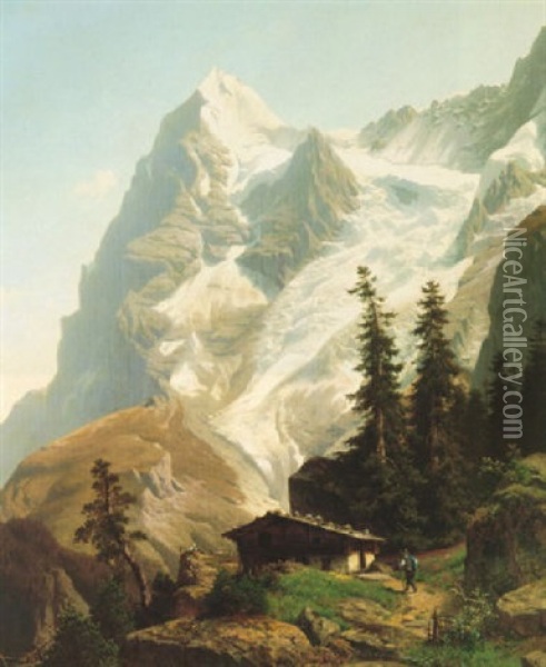 Hiker Approaching An Alpine Mountain House Oil Painting - Joseph Jansen