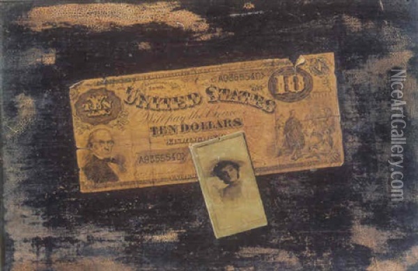A Ten Dollar Bill And A Photo Oil Painting - John Haberle