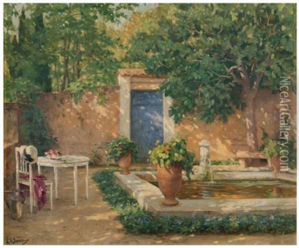 La Fontaine Du Jardin En Ete Oil Painting - Leonce J. V. de Joncieres