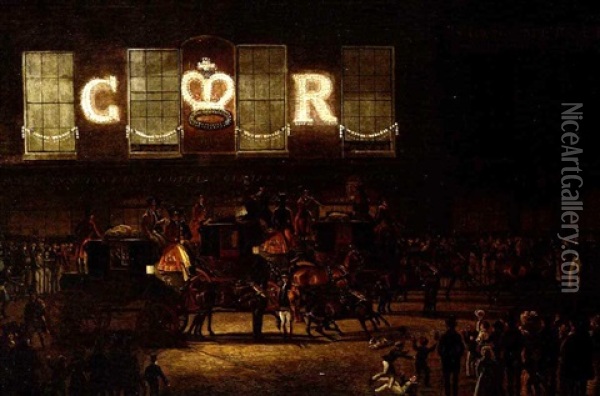 The Royal Mails At The Angel, Islington On The Night Of His Majesty George Iv's Birthday, 1828 Oil Painting - James Pollard