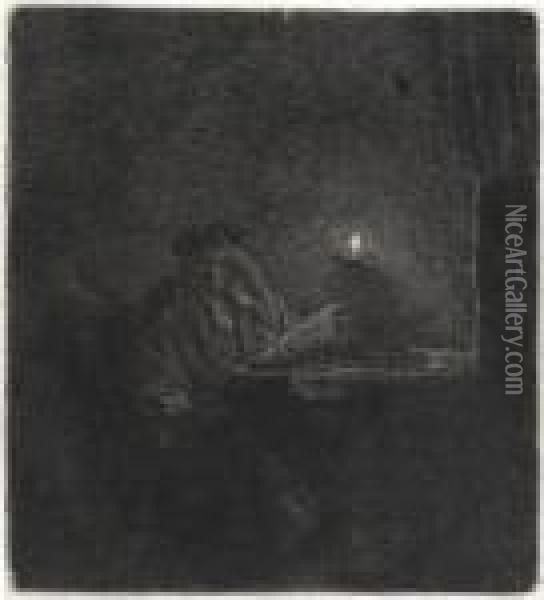 A Student At A Table By Candlelight Oil Painting - Rembrandt Van Rijn