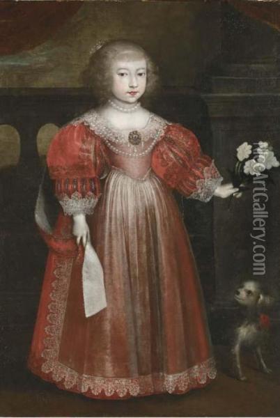 Portrait Of A Girl, Full-length, In A Red Dress And Accompanied By A Dog Oil Painting - Daniel Mytens