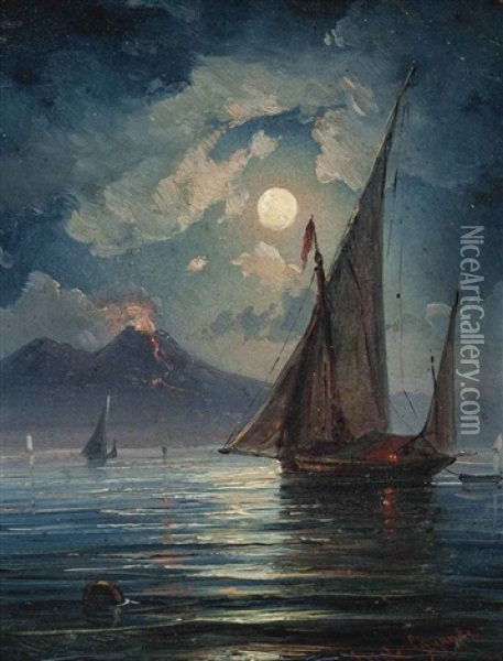 Vessels Before Vesuvius At Night Oil Painting - Ercole Gigante