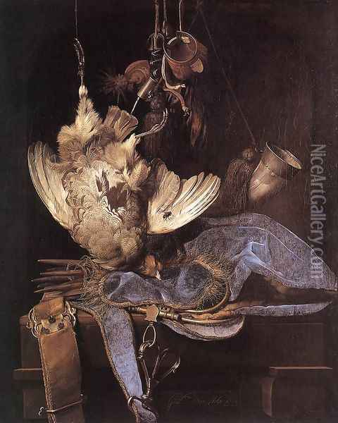 Still Life With Hunting Equipment And Dead Birds Oil Painting - Willem Van Aelst