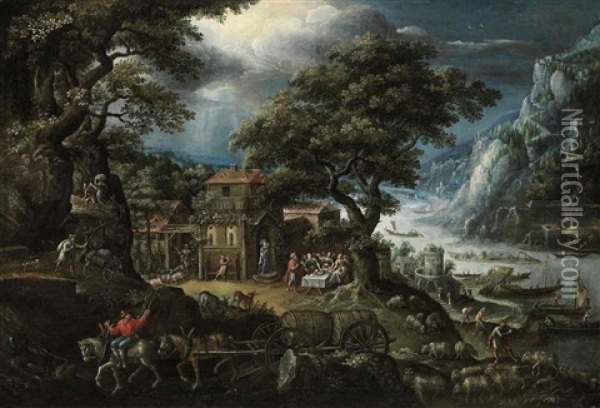 An Extensive, Mountainous, River Landscape, With Abraham And The Angels Oil Painting - Marten van Valkenborch the Elder