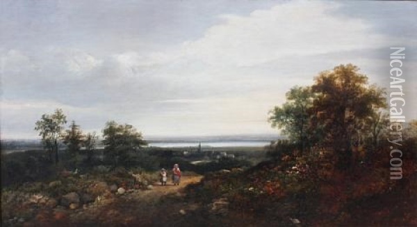 Figures On A Hill, Overlooking A Town Near An Estuary Oil Painting - William Beattie-Brown