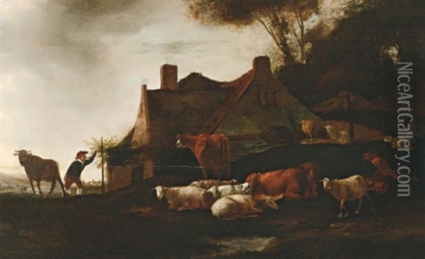 Vieh Auf Der Weide Vor Einem Bauernhaus Oil Painting - Govert Dircksz Camphuysen