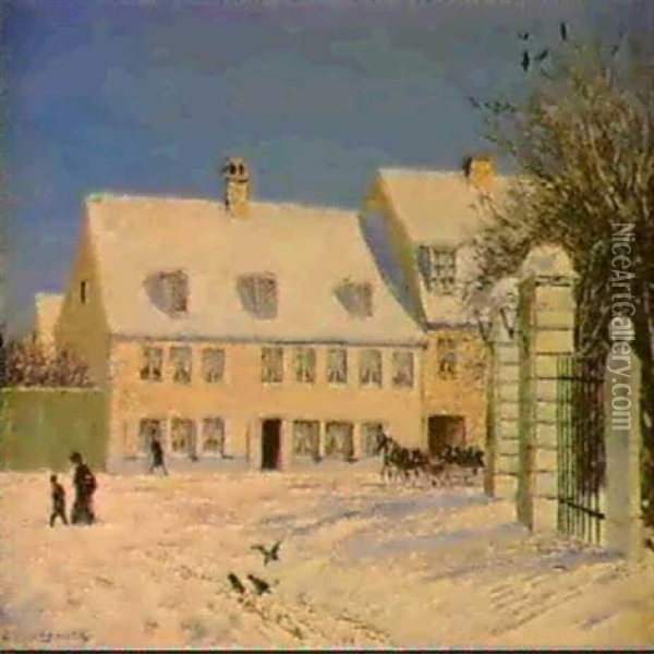 A Village In Winter. Oil Painting - Olaf Viggo Peter Langer