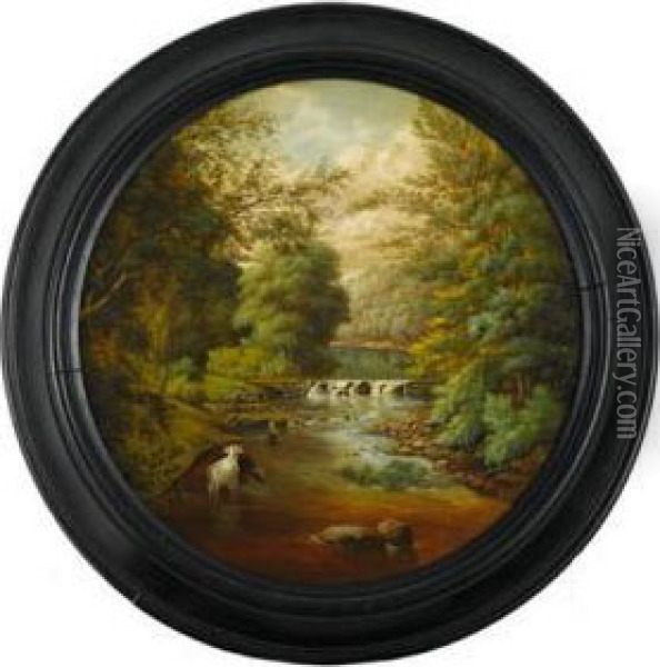 Landscape Of Forest Interior With Stream And Cattle Oil Painting - J. Heyl Raser