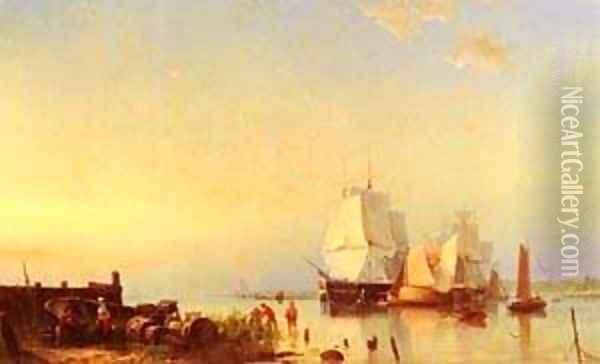 Three Mast Ships At Anchor Oil Painting - Barend Cornelis Koekkoek