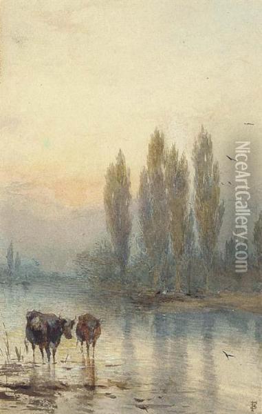 Cattle Watering, Evening Oil Painting - Myles Birket Foster