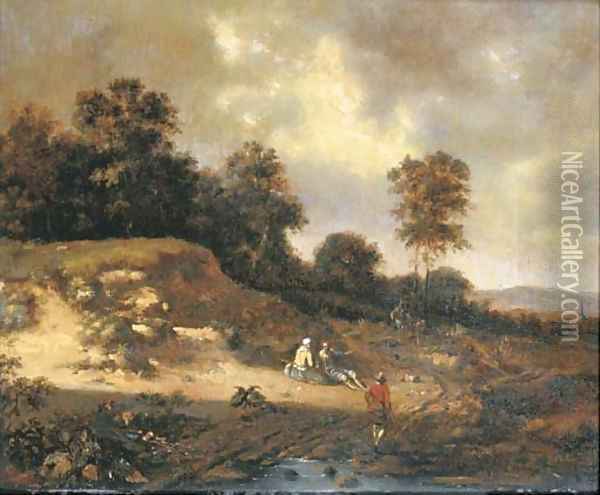 A dune landscape with travellers and a couple resting on a path Oil Painting - Jan Wijnants