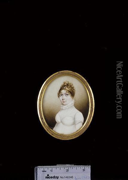 A Lady, Wearing White Dress With High Collar And Pearl Crescent In Her Hair Oil Painting - N. Freese