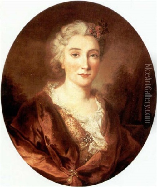 A Portrait Of A Lady With A Red Velvet Shawl Oil Painting - Francois Hubert Drouais
