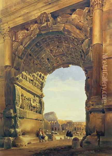 The Arch of Titus with the Colosseum, Rome Oil Painting - Thomas Hartley Cromek