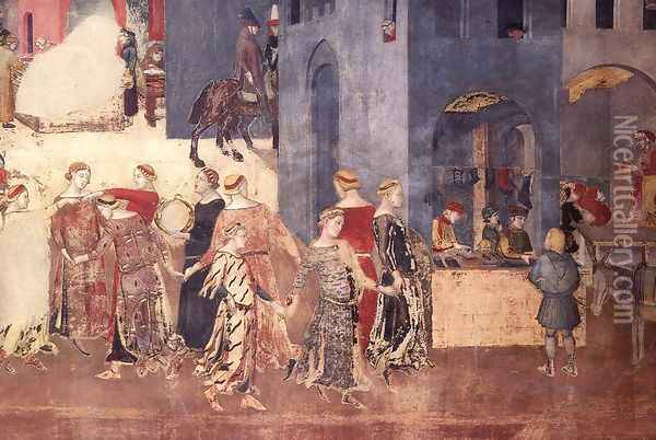 Effects of Good Government on the City Life (detail-6) 1338-40 Oil Painting - Ambrogio Lorenzetti