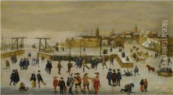 Winter Landscape With Elegant Figures Skating And Conversing On Theice Outside The Walls Of A Dutch Town Oil Painting - Adam van Breen