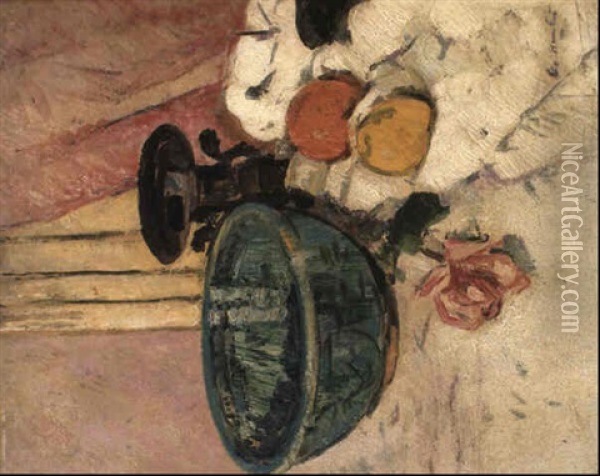 Fruit Bowl, Lemon, Orange And A Rose On A Draped Table Oil Painting - George Leslie Hunter