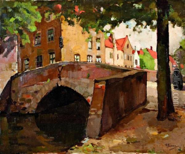 Stadsgrachtje, Mogelijk Brugge Oil Painting - Abraham Fresco