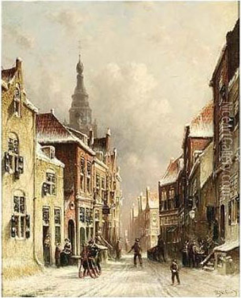 A Snowy Street With A Church In The Background Oil Painting - Pieter Gerard Vertin