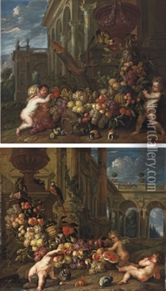 An Architectural Capriccio With Putti Around A Swag Of Fruit (+ Another; 2 Works) Oil Painting - Pieter Abrahamsz Ykens