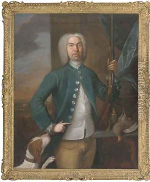 Portrait of a gentleman, holding a gun in his left hand, a dog to his side, with a partridge and casket of gun-powder on a ledge, an extensive landscape beyond, 1731 Oil Painting - Richard van Bleeck