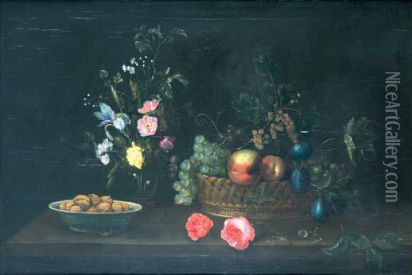 Nature Morte De Fleurs Et Fruits Sur Un Entablement Oil Painting - Frans Ykens