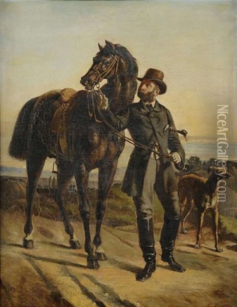 Bildnis Eines Herrenreiters Mit Rappe Und Windhund Vor Landschaftshintergrund Oil Painting - Eugene Beyer