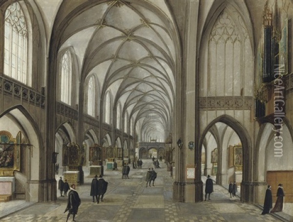 A Gothic Church Interior With Elegantly Dressed Figures Oil Painting - Hendrick van Steenwyck the Elder