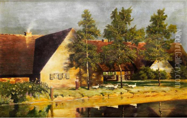 Gansehirtin Am Ufer Vor Rot Gedeckten Gehoften Mit Davorstehenden Birken Oil Painting - Paul-Wilhelm Keller-Reutlingen