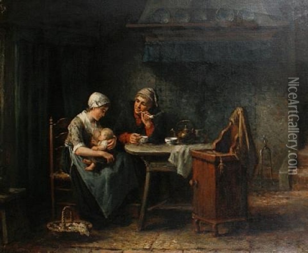 A Family In A Kitchen Interior Oil Painting - Jan Jacobus Matthijs Damschroeder