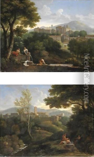 Veduta Di Un Paese Nel Lazio E Tre Figure Presso Un Fontanile Oil Painting - Jan Frans Van Bloemen (Orizzonte)