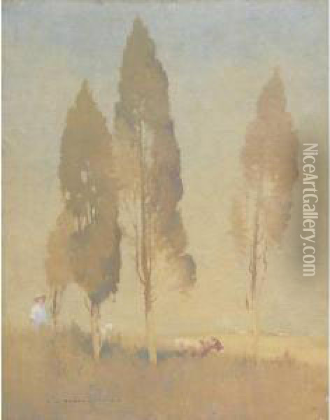 Landscape With Boy And Goats Oil Painting - Jesse Jewhurst Hilder